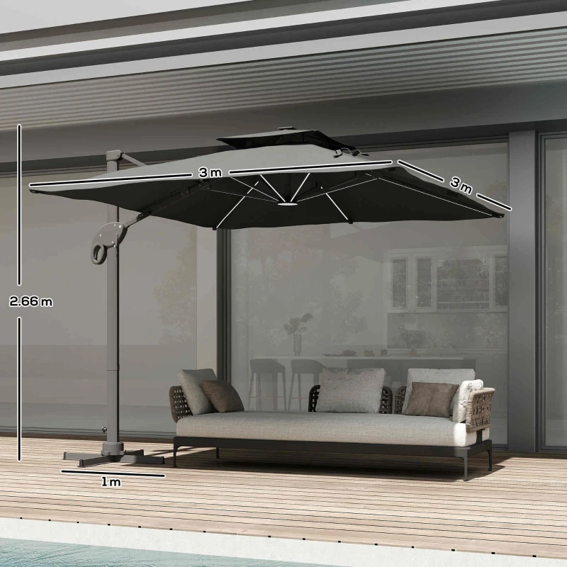 Outsunny 3 x 3(m) Aluminum Sun Square Canopy Top w/ Adjustable Pole Angle Dark Grey