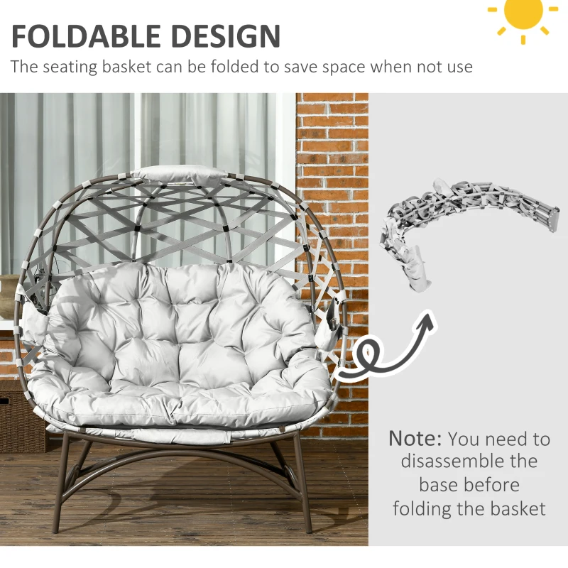 Outsunny 2 Seater Egg Chair Outdoor, Folding Weave Garden Furniture Chair with Cushion, Cup Pockets - Light Grey