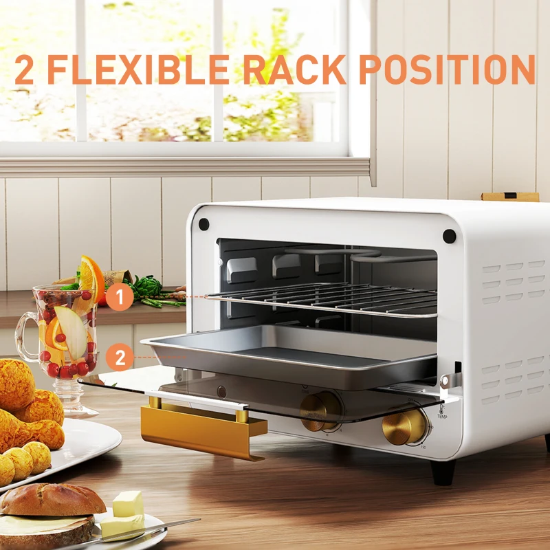 HOMCOM Small Toaster Oven, 12L Multifunction Mini Countertop Oven with Glass Door, Adjustable Temperature and Timer, White