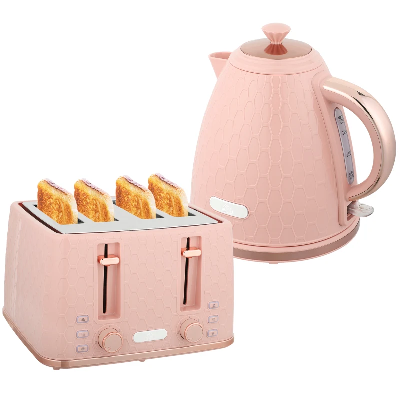HOMCOM Kettle and Toaster Set, 1.7L 3000W Fast Boil Jug Kettle, 4 Slice Toaster with 7 Level Browning Controls, Light Pink