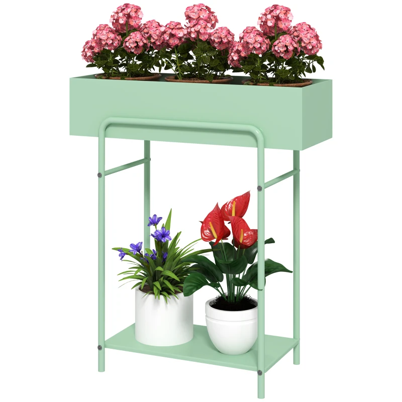 Outsunny 2 Tier Plant Stand, Metal Plant Rack Shelf with Drain Holes, Floor-standing Flower Pot Stand for Indoor Outdoor Garden Patio Balcony Living Room, Green