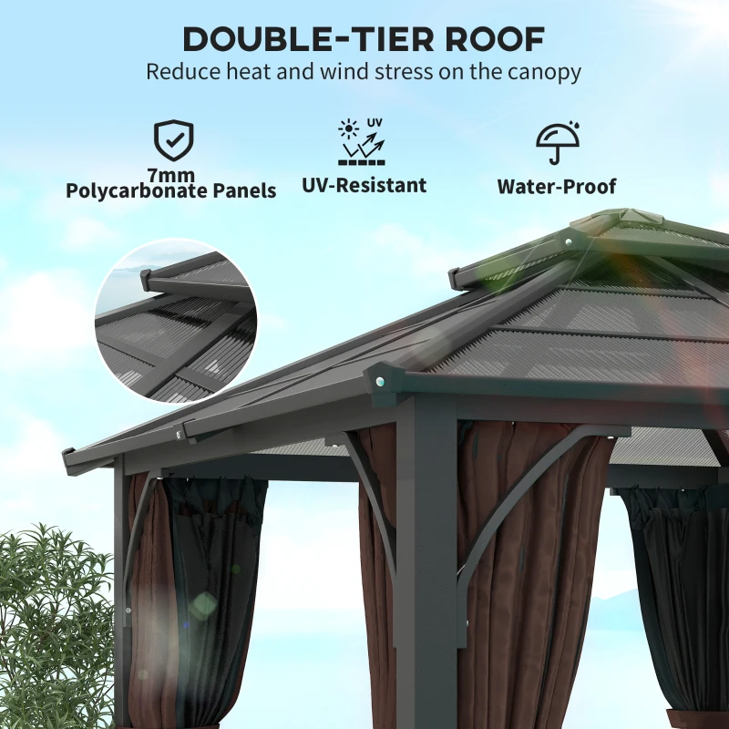 Outsunny 3 x 3(m) Hardtop Gazebo Canopy with 7mm Polycarbonate Double-Tier Roof, Garden Gazebo Permanent Pavilion with Mosquito Netting and Curtains for Patio, Terrace, Brown
