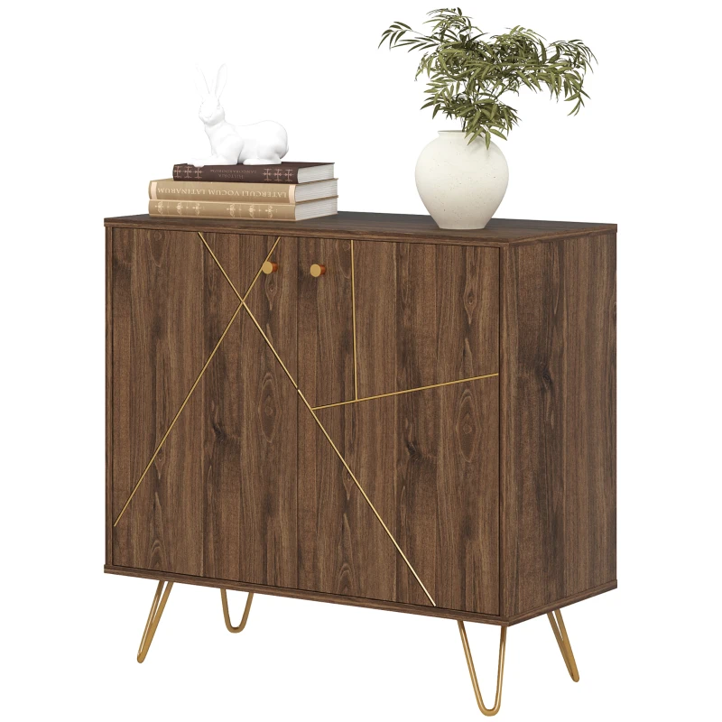 HOMCOM Sideboard Storage Cabinet with Golden Lines, Modern Luxury Living Room Cabinet with Adjustable Shelf, Steel Harpin Legs, Brown
