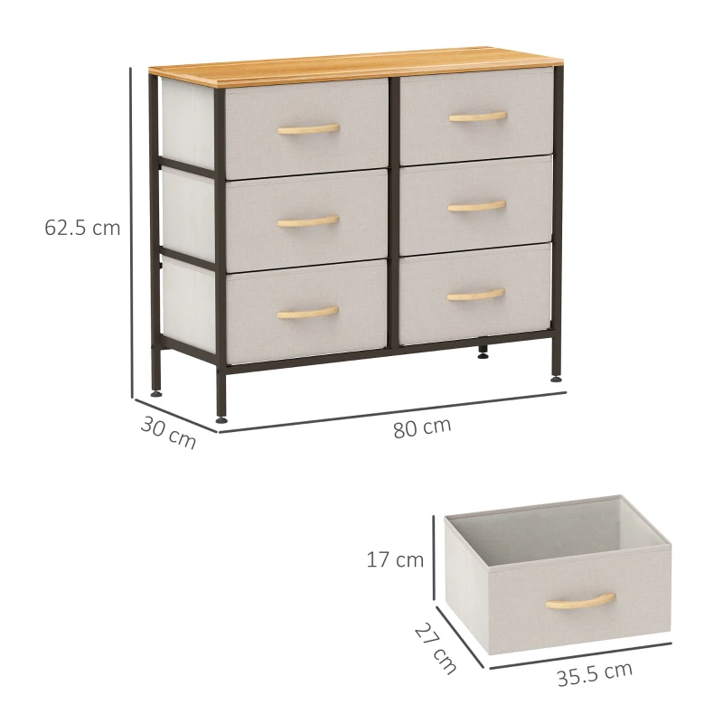 HOMCOM Fabric Chest of Drawers, Industrial Bedroom Dresser with 6 Fabric Drawers, Steel Frame and Wooden Top for Nursery, Living Room, Hallway, Cream White