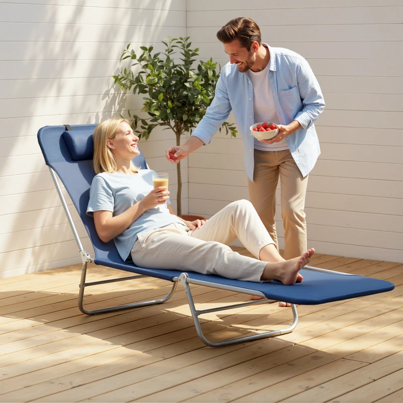Outsunny Folding Sun Lounger with Head Pillow - Dark Blue
