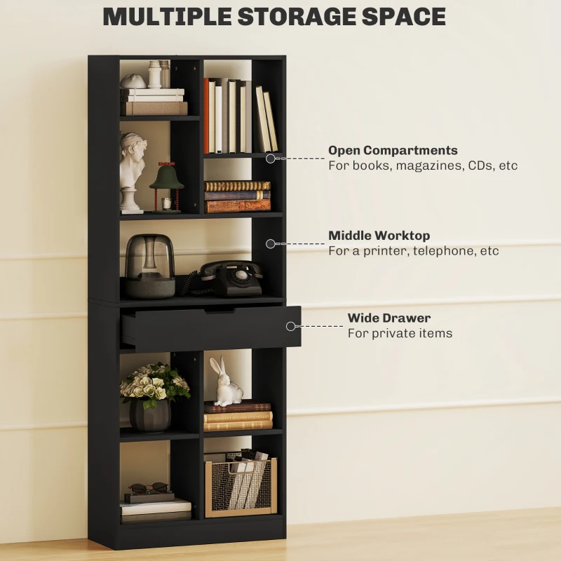 HOMCOM Tall Bookshelf with Drawer, Freestanding Bookcase for Bedroom, Living Room, Home Office, Black