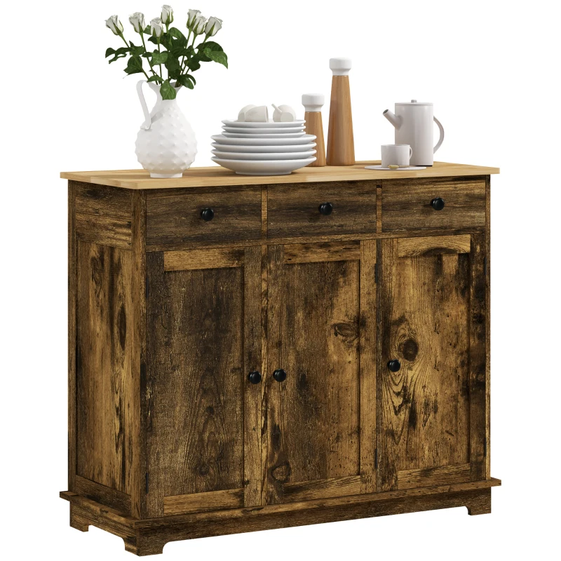 HOMCOM Sideboard with Rubberwood Top and Adjustable Shelves for Dining Room, Kitchen - Rustic Brown