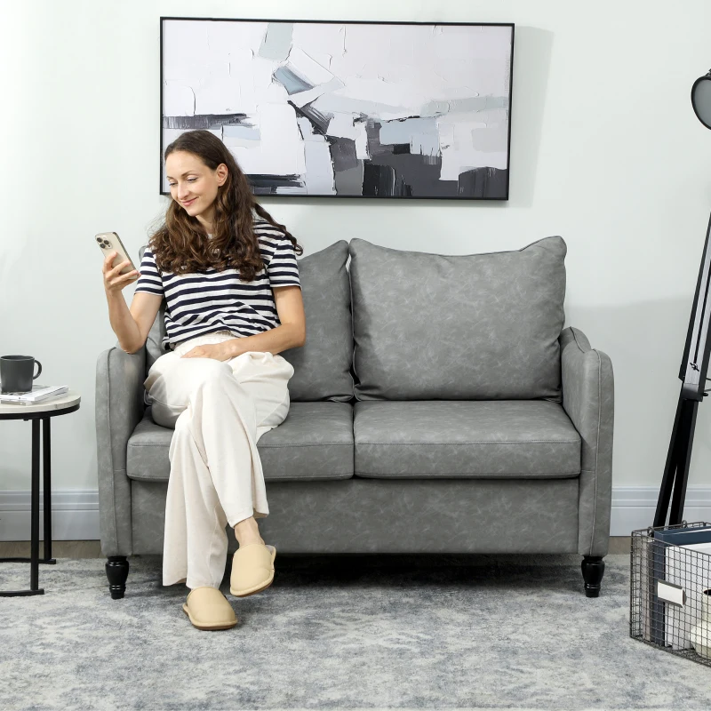 HOMCOM Faux Leather Marble-Effect Two-Seater Sofa - Grey
