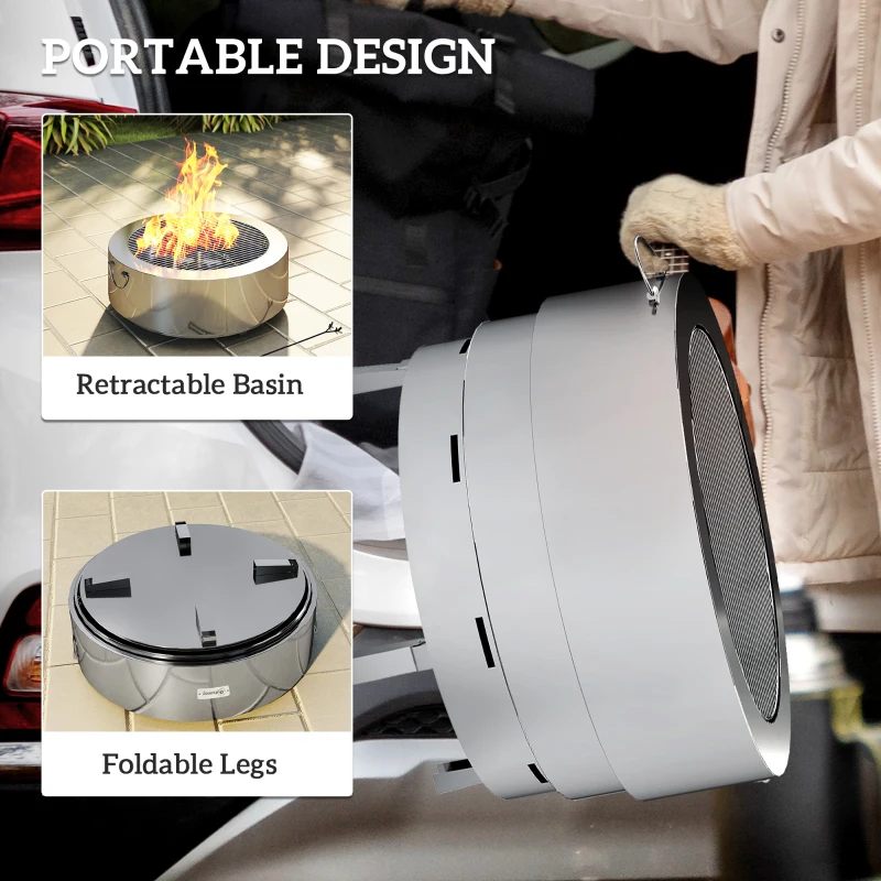Outsunny Stainless Steel Wood-burning Fire Pit with Fire Poker - Silver