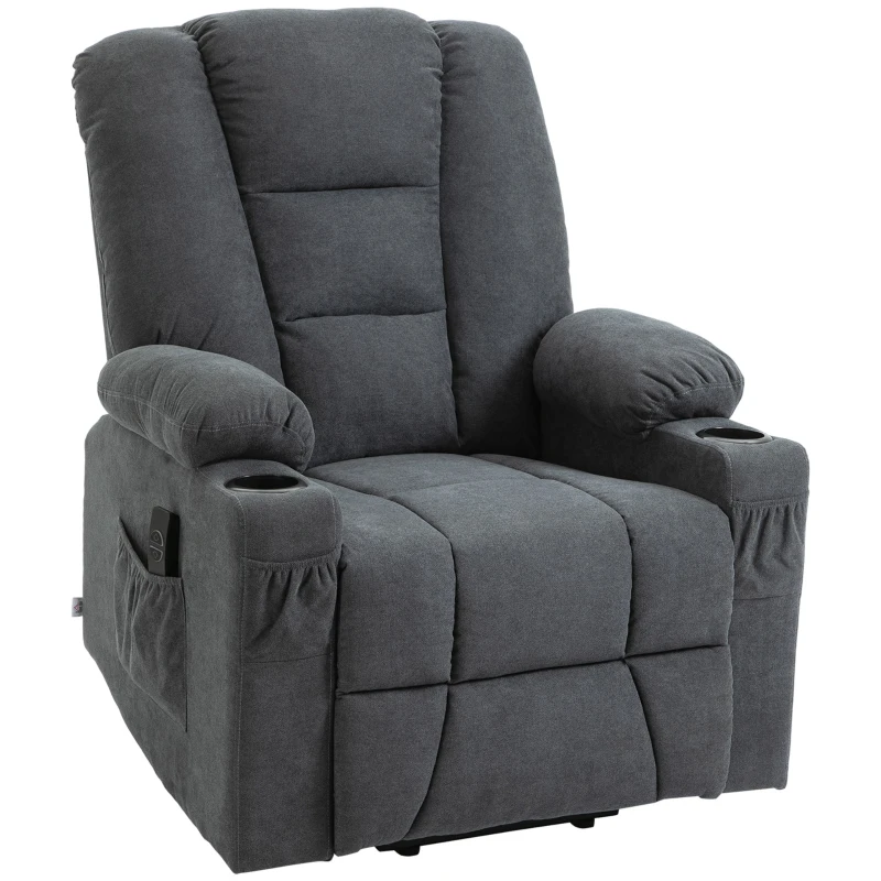 HOMCOM Oversized Riser and Recliner Chair for the Elderly, Fabric Upholstered Lift Chair for Living Room with Remote Control, Side Pockets, Cup Holder, Charcoal Grey