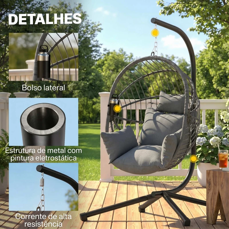 Outsunny Cadeira Suspensa com Suporte Cadeira Baloiço de Exterior com Cesta Dobrável Almofada e Apoio para a Cabeça 120x106x188 cm  Cinza