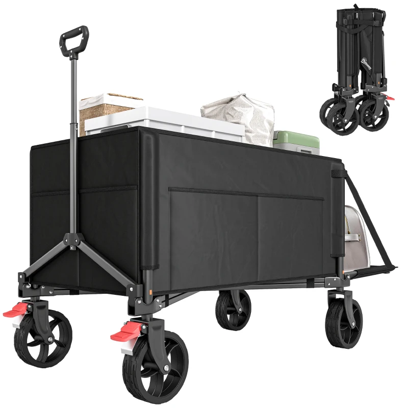Outsunny Festival Trolley on Wheels, 150L Folding Camping Trolley Cart with Openable Sides, Adjustable Handle and Brakes for Shopping Beach Garden Fishing, Black