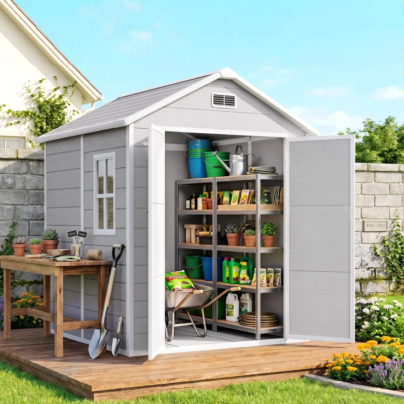 Outsunny 6 x 5ft Garden Shed, Plastic Shed with Floor, Window, Lockable Doors and Vents, Wood Effect Resin Tool Shed for Outdoor Patio, Light Grey