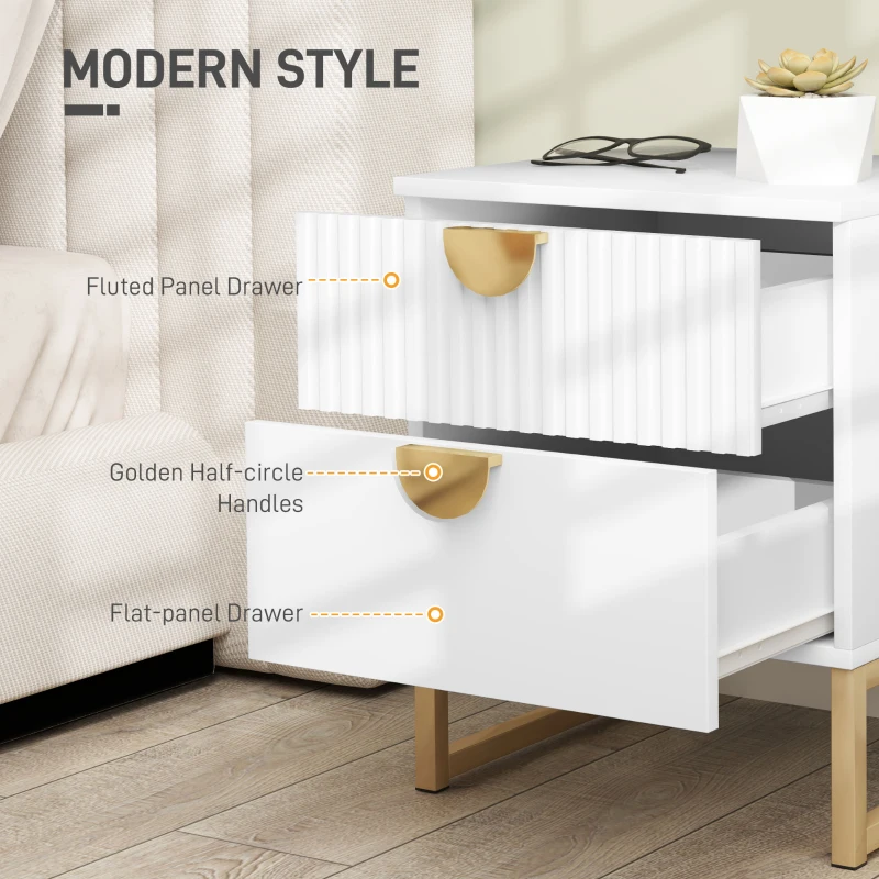 HOMCOM Elegant Two-Drawer Bedside Table - White