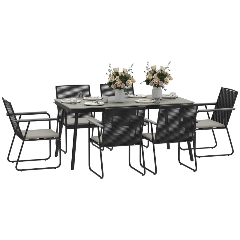 Outsunny 6‑Seater Garden Dining Set with Cushions, Rattan Backrest, Plastic Top, Garden Furniture Set, Grey