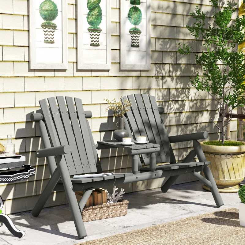 Outsunny Wood Patio Chair Bench 2 Seats w/ Centre Coffee Table, Garden Bench, Grey
