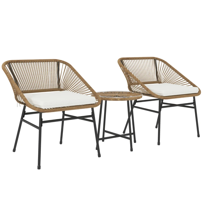 Outsunny 3 Pieces Rattan Bistro Set, Wicker Small Garden Table and Chairs Set with Cushions and Glass Top Coffee Table, Bistro Garden Furniture Set for Outdoor, Patio, Balcony, Natural
