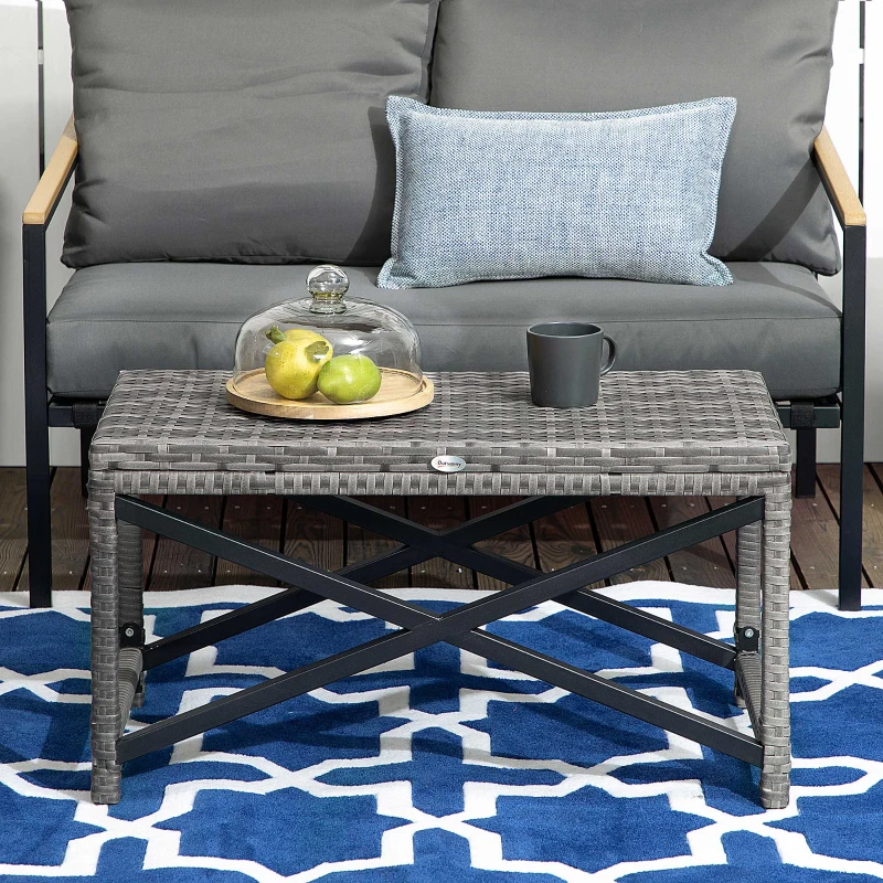 Outsunny Outdoor Coffee Table, Garden PE Rattan Side Table with Plastic Board Under the Full Woven Table Top and X-Shaped Frame for Patio, Balcony, Mixed Grey