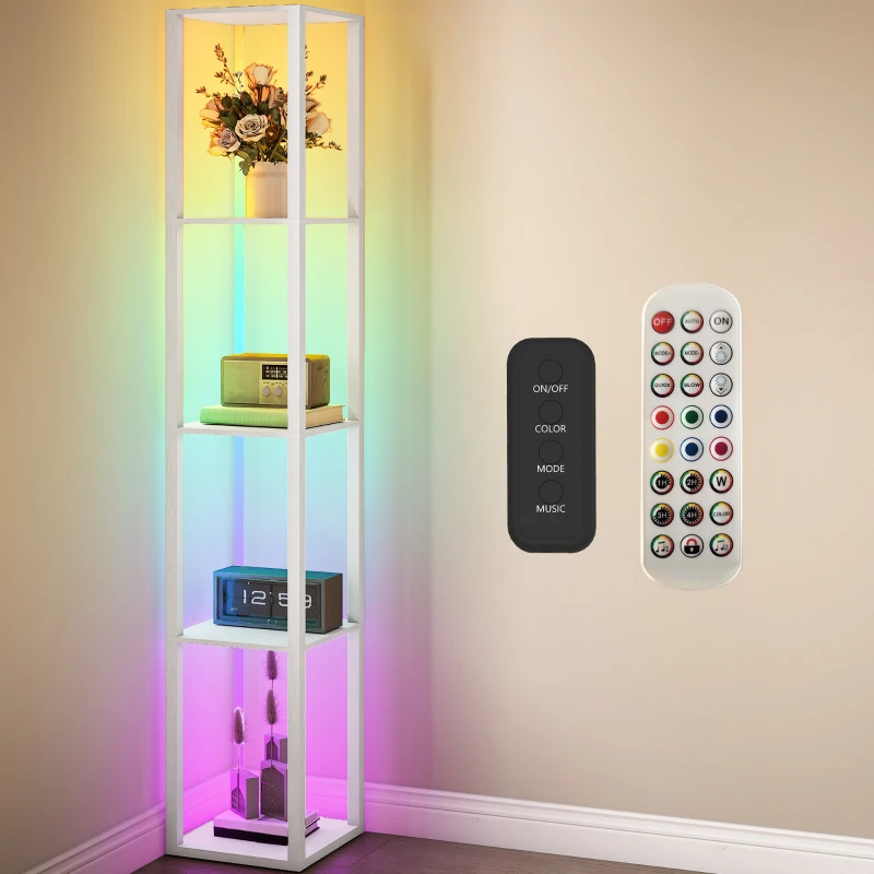 HOMCOM RGB LED Floor Lamp with Shelves, Modern Dimmable Standing Lamp with Remote Control, Adjustable Brightness & Speed for Living Room, Bedroom, Office, White