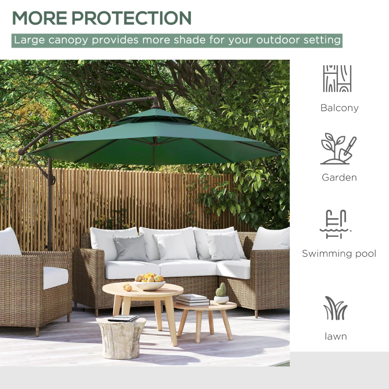 Outsunny 2.7m Garden Banana Parasol Cantilever Umbrella with Crank Handle, Double Tier Canopy and Cross Base for Outdoor, Hanging Sun Shade, Green