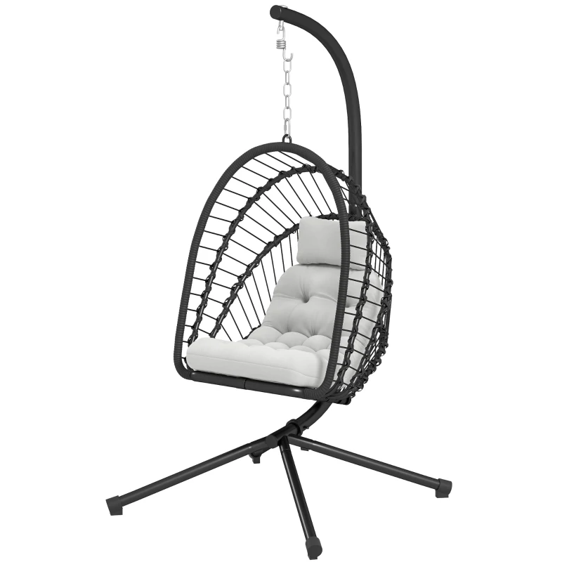 Outsunny Outdoor PE Rattan Swing Chair with Foldable Basket and Cushion, Garden Patio Hanging Egg Chair with Metal Stand, Headrest for Indoor and Outdoor, Black