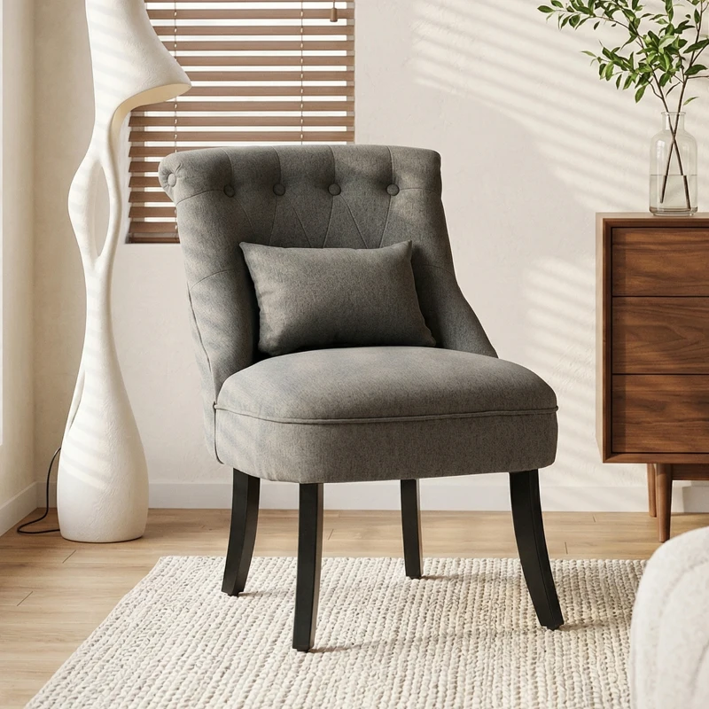 HOMCOM Fabric Single Sofa Dining Chair Tub Chair Upholstered W/ Pillow Solid Wood Leg Home Living Room Furniture Charcoal Grey