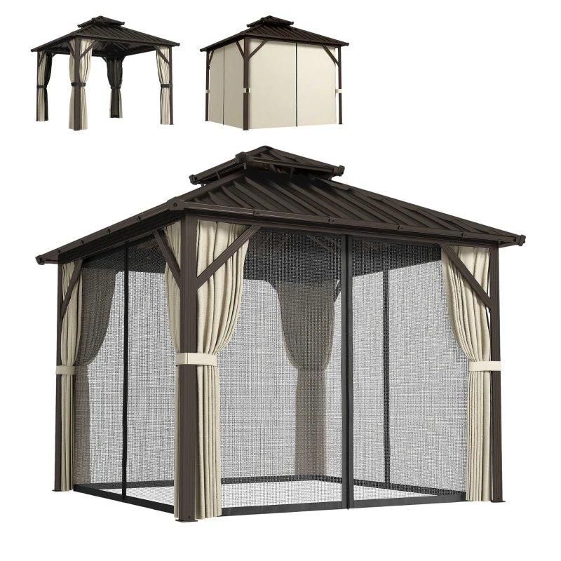 Outsunny 3x3 m Hardtop Gazebo Canopy with UPF50+ Double Galvanised Steel Roof, Aluminium Garden Gazebo Permanent Pavilion, Brown