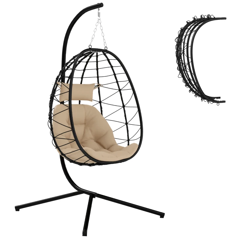 Outsunny Hanging Egg Chair Outdoor Indoor Garden Swing Chair with Folding Basket, Thickened Cushion, Garden Hanging Chair with Stand, Headrest for Patio, Balcony, Khaki