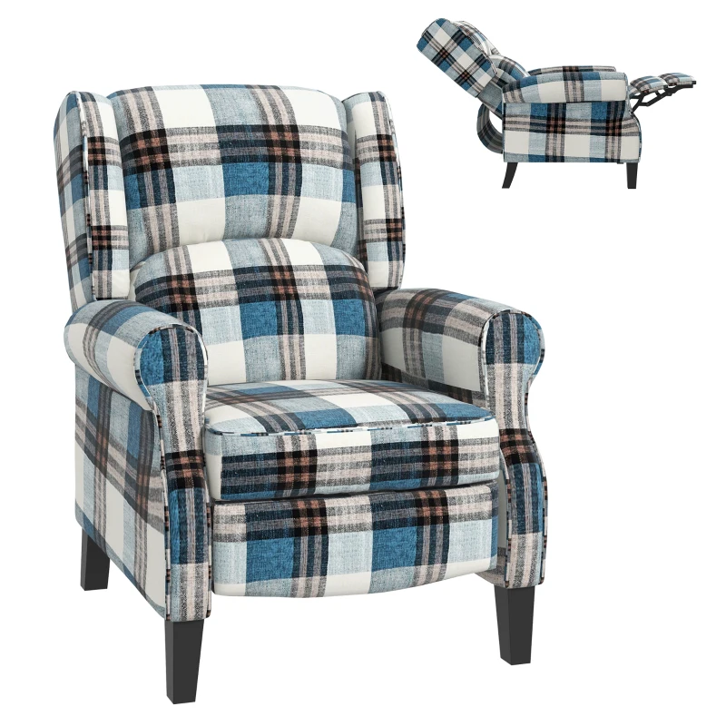 HOMCOM Wingback Reclining Chair Push Back Recliner Armchair for Living Room Bedroom with Footrest Armrests Wood Legs Blue