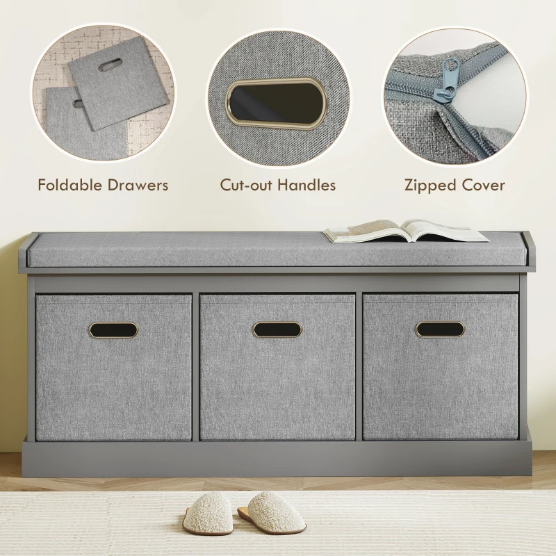 HOMCOM Three-Drawer Shoe Storage Bench, with Padded Top Seat - Grey