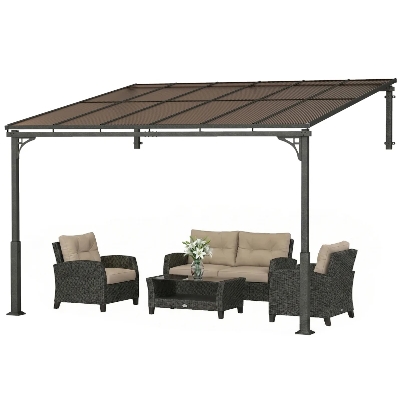 Outsunny 3.4 x 3 m Metal Lean-to Pergola, Wall-Mounted Garden Pergola with Polycarbonate Roof and Metal-Aluminium Frame, Heavy Duty Hardtop Gazebo for Outdoor Patios, BBQ, Brown