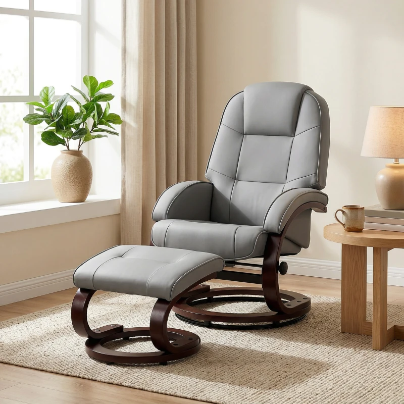 HOMCOM Swivel Recliner Chair with Footstool, PU Leather Recliner Armchair with Adjustable Back and Wood Frame, Grey