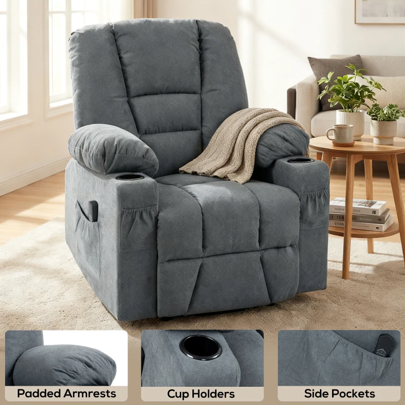 HOMCOM Oversized Riser and Recliner Chair for the Elderly, Fabric Upholstered Lift Chair for Living Room with Remote Control, Side Pockets, Cup Holder, Grey