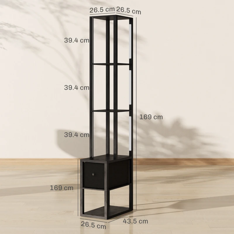 HOMCOM Floor Lamp with Shelves, LED Column Modern Standing Lamp with Fabric Drawer, Adjustable Brightness, Foot Switch for Living Room, Bedroom, Office, Black
