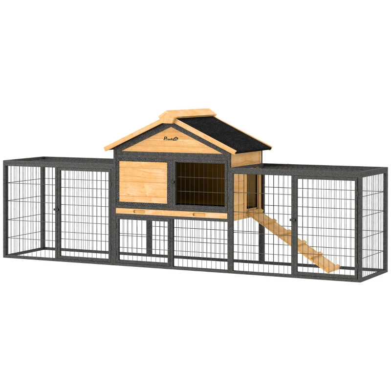 PawHut Wooden Rabbit Hutch Outdoor with Steel Run, Wooden Guinea Pig Cage with Removable Plastic Tray, Asphalt Roof, Ramp