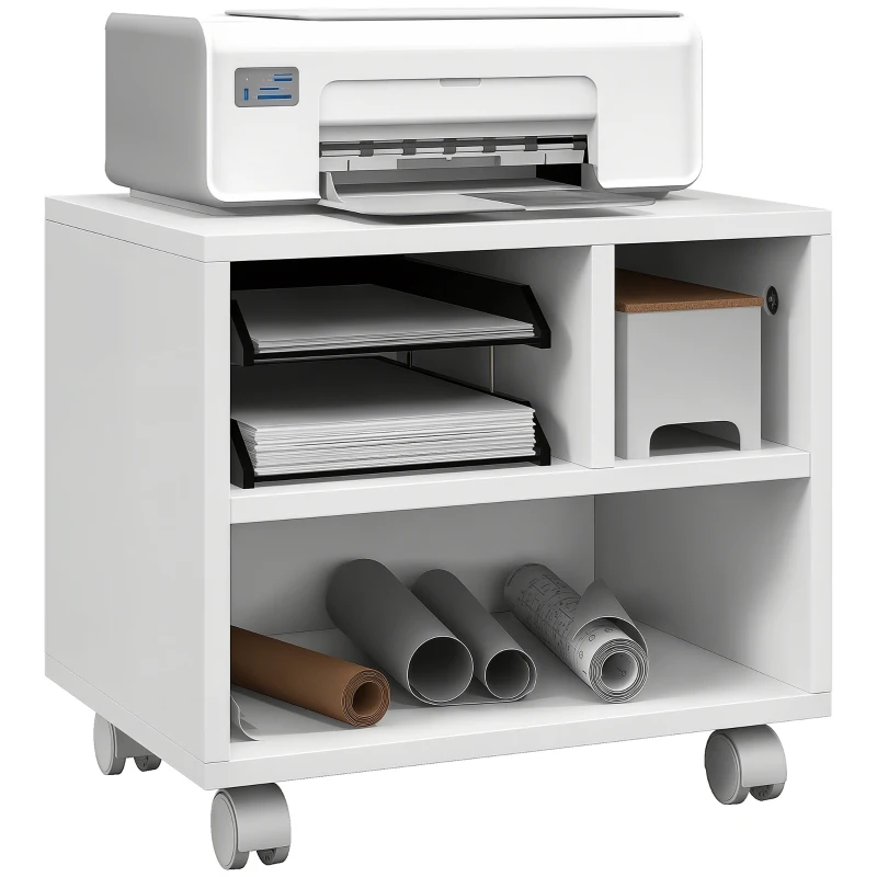 HOMCOM Three-Compartment Printer Cabinet, with Wheels - White