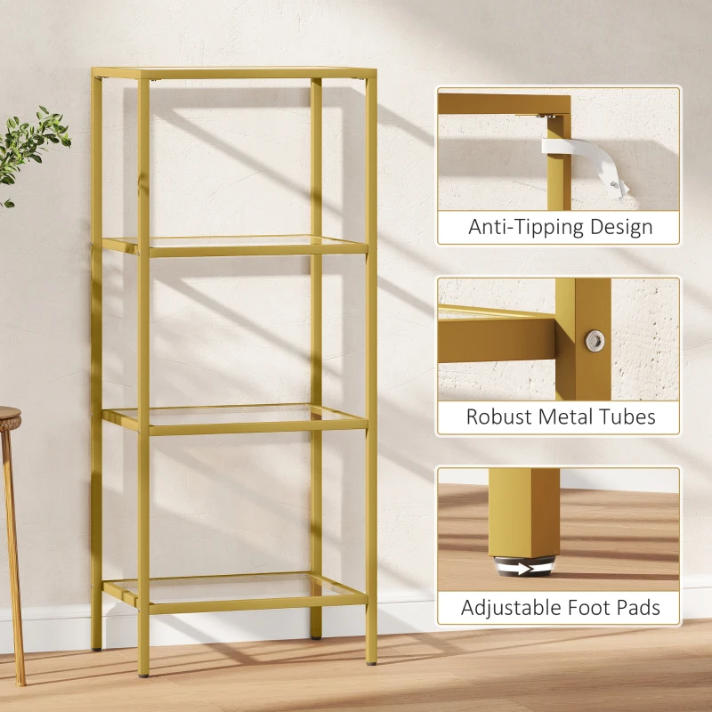 HOMCOM 4-Tier Shelving Unit, Glass Shelf, Vertical Storage Shelf for Living Room, Home Office, Bedroom, Bathroom, Gold Tone