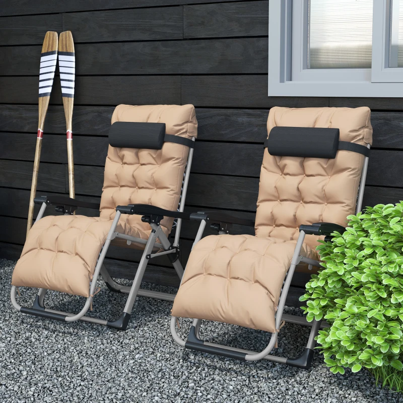 Outsunny 2 Piece Reclining Zero Gravity Sun Loungers with Cushions, Khaki