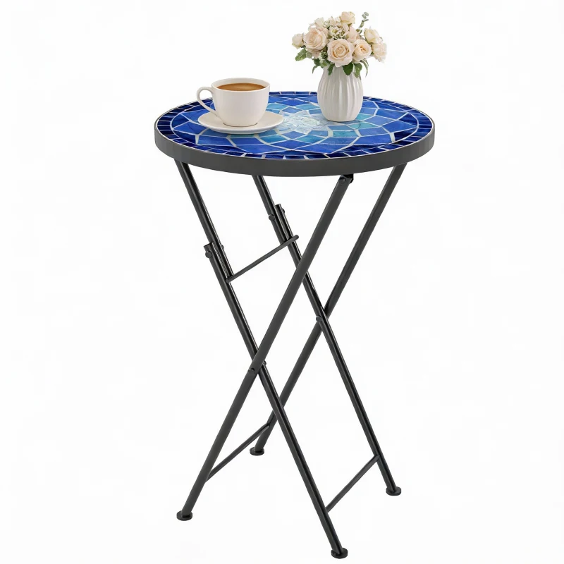 Outsunny Mosaic Outdoor Garden Table, 35.5cm Round Folding Coffee Table with Metal Frame for Balcony Terrace, Navy Blue