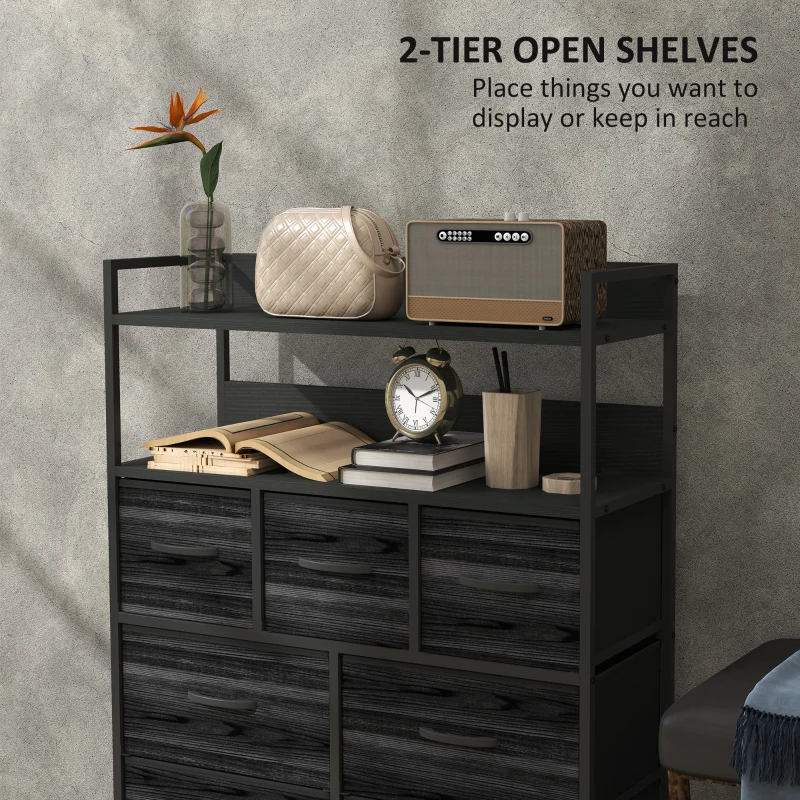 HOMCOM Rustic Chest of Seven Fabric Drawers - Black