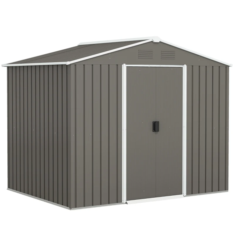 Outsunny 8 x 6ft Outdoor Garden Storage Shed, Metal Tool House with Ventilation and Sliding Doors, Light Grey