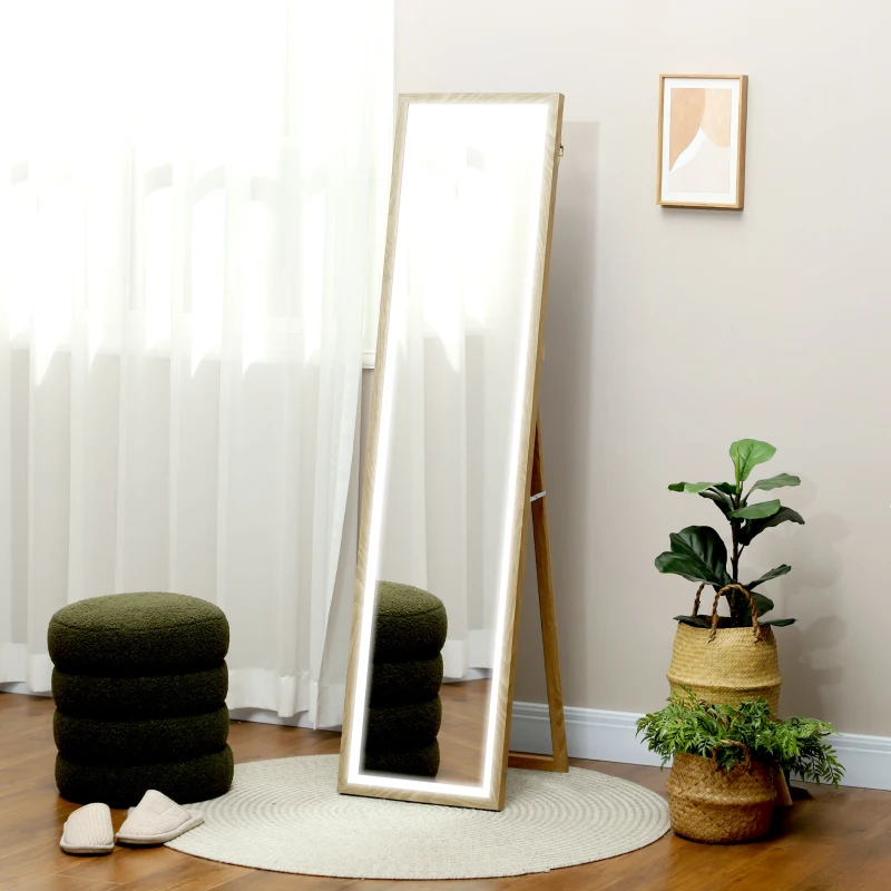 HOMCOM Full Length Mirror, with Adjustable Outer Light, Oak