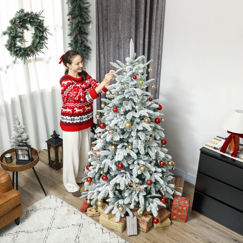 HOMCOM 6 ft Artificial Flocked Christmas Tree with 1182 Branches, Hinged Xmas Tree with Foldable Metal Stand, Easy Assembly for Home Office Decor
