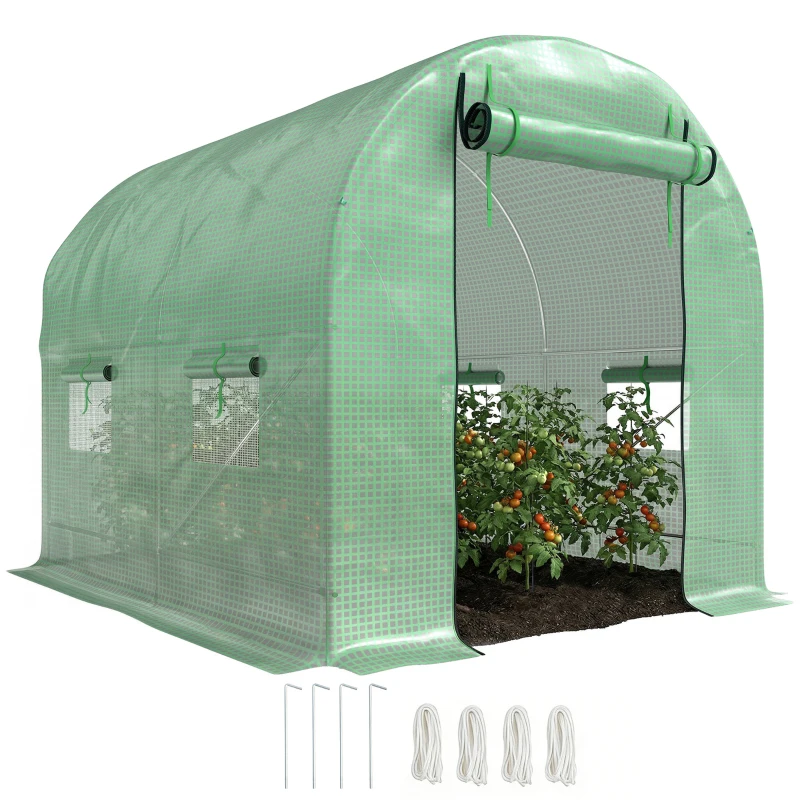 Outsunny Walk-In Garden Polytunnel Greenhouse with Steel Frame, PE Cover, Roll-Up Door and 4 Windows, 2.5 x 2m, Green