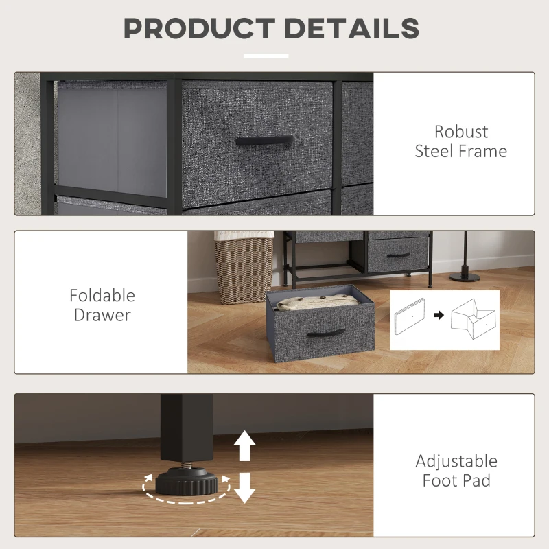 HOMCOM Fabric Chest of Drawers, Industrial Bedroom Dresser with 6 Fabric Drawers, Steel Frame and Wooden Top for Nursery, Living Room, Hallway, Black