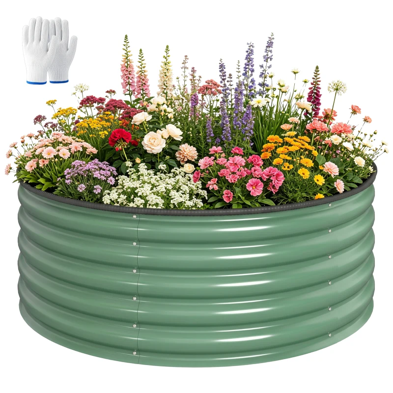 Outsunny Galvanised Raised Garden Bed with Safety Edging, Outdoor Raised Planter Box with Gloves, 120 x 120 x 43cm, Light Green