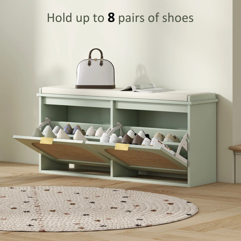 HOMCOM Boho Shoe Bench with Padded Seat and 2 Flip-Drawers - Light Green
