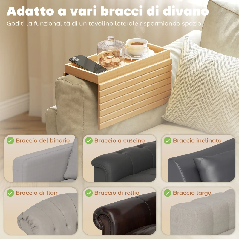 HOMCOM Vassoio da Divano per Bracciolo in Legno di Bambù, Tappetino Flessibile con Vassoio, Colore Legno