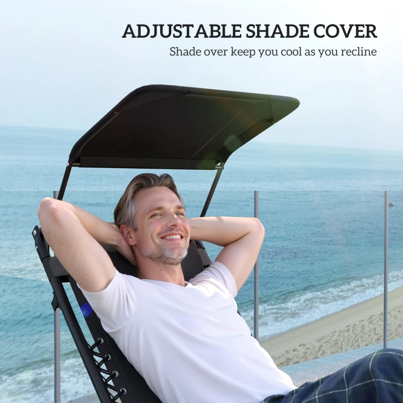 Outsunny Zero Gravity Lounger Chair Set of 2, Folding Reclining Patio Chair with Shade Cover, Padded Seat, Cup Holder, Soft Cushion and Headrest for Poolside, Camping, Black