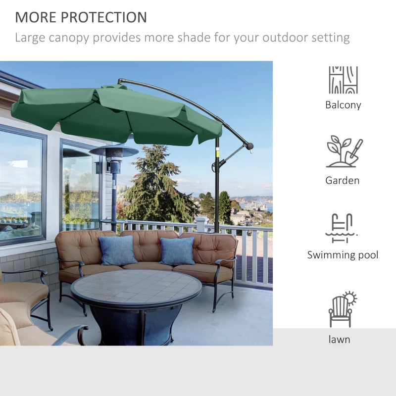 Outsunny 2.7m Garden Banana Parasol Cantilever Umbrella with Crank Handle and Cross Base for Outdoor, Hanging Sun Shade, Green